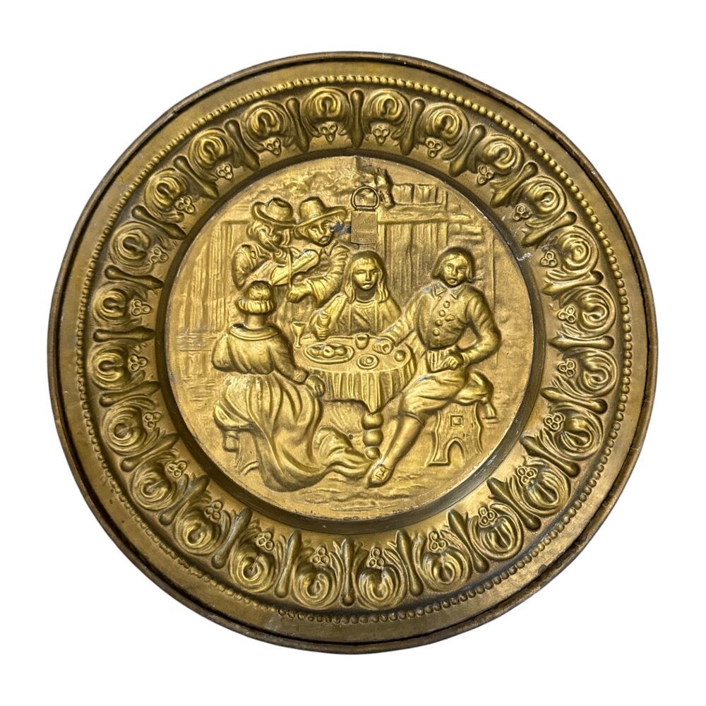 Mid Century Peerage Brass Hammered Brass Plate Pub Scene